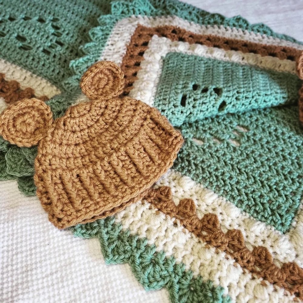 Handmade BOHO Crochet Baby Love Blanket and Bear Hat